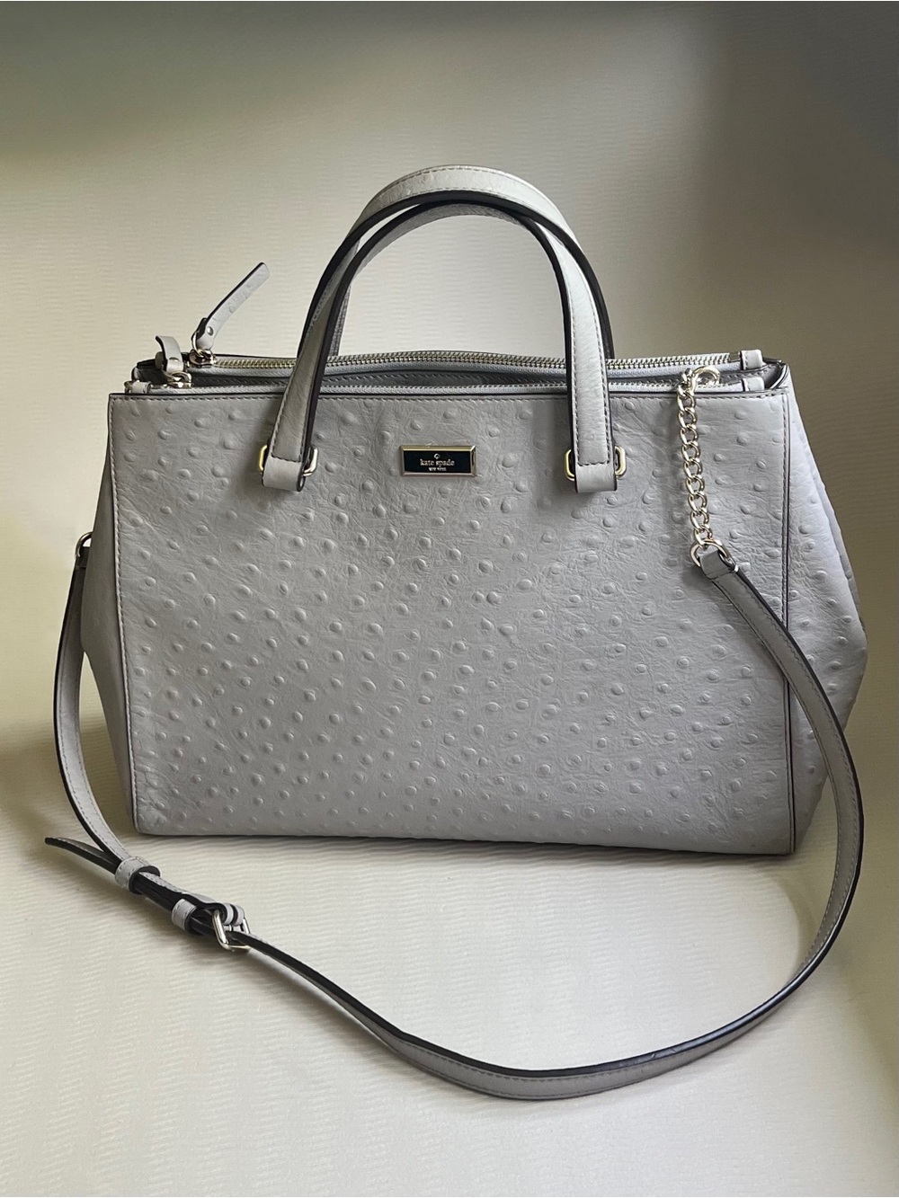 Kate Spade Bristol Drive Ostrich Embossed Satchel Grey Leather Crossbody NWOT